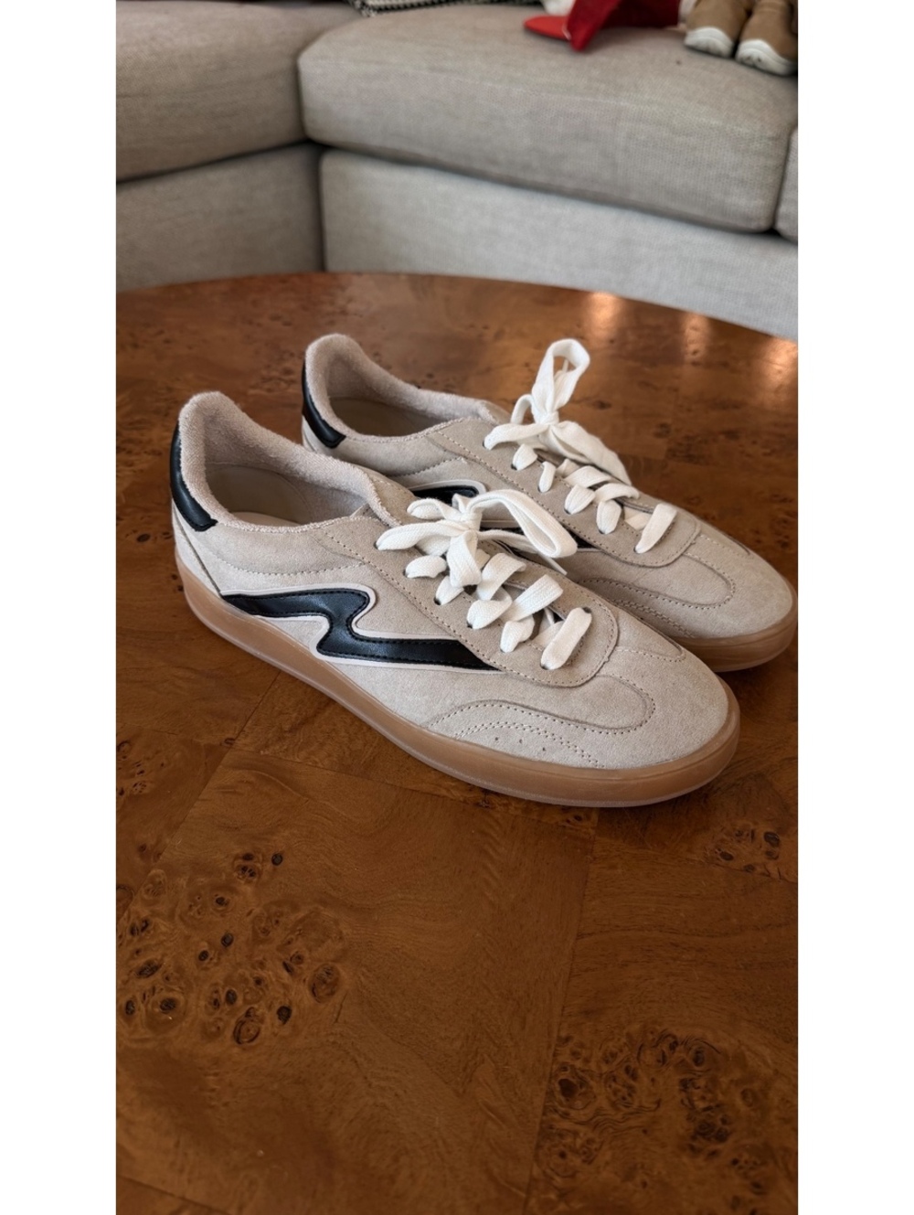 Madden Girl Beige Suede Sneakers with Black Accent and Gum Sole, Size 6